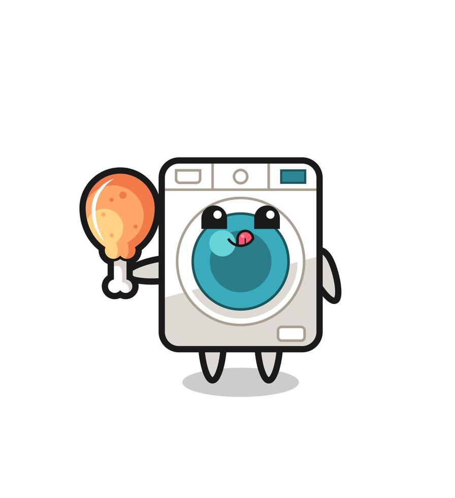 washing machine cute mascot is eating a fried chicken vector