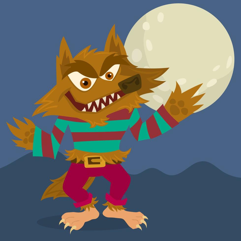 Wolf man is standing in front the moon at the halloween night vector