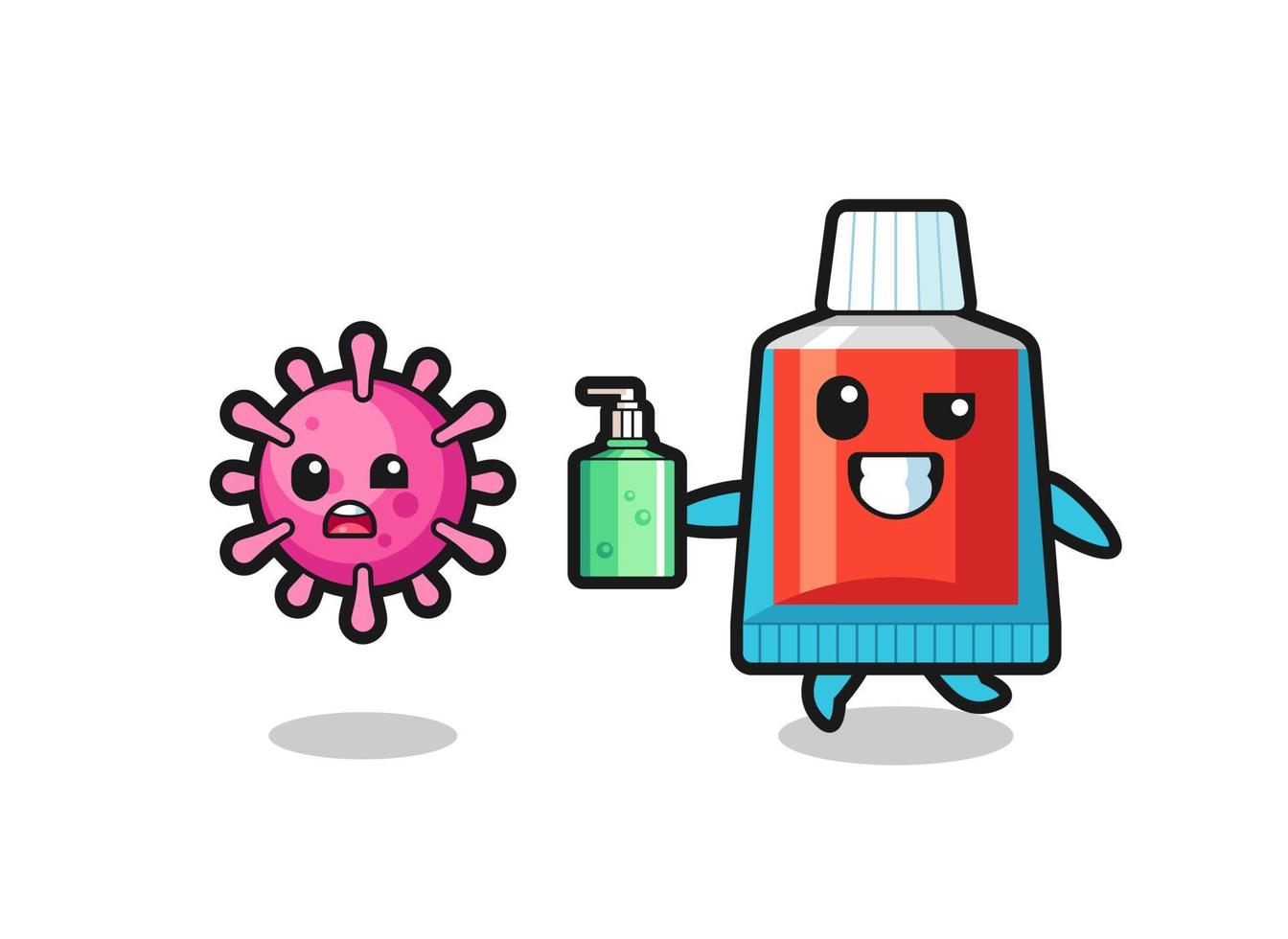 ilustración del personaje de pasta de dientes persiguiendo virus malvados con desinfectante de manos vector