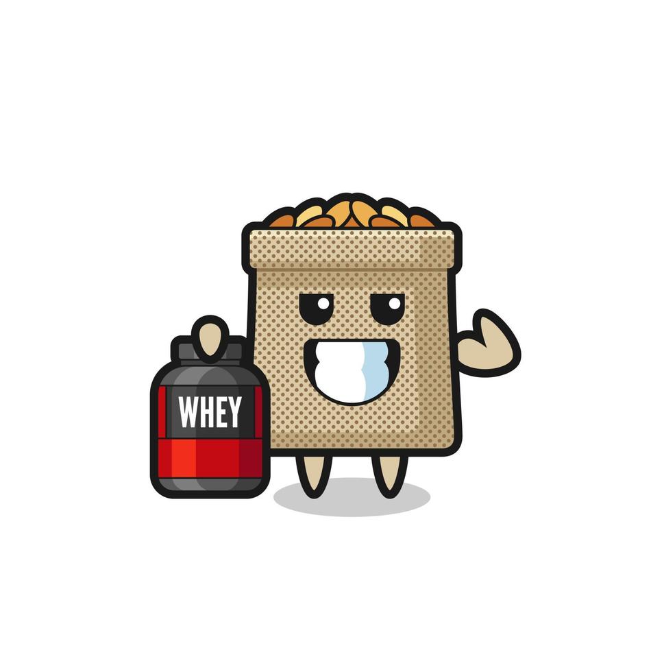 the muscular wheat sack character is holding a protein supplement vector