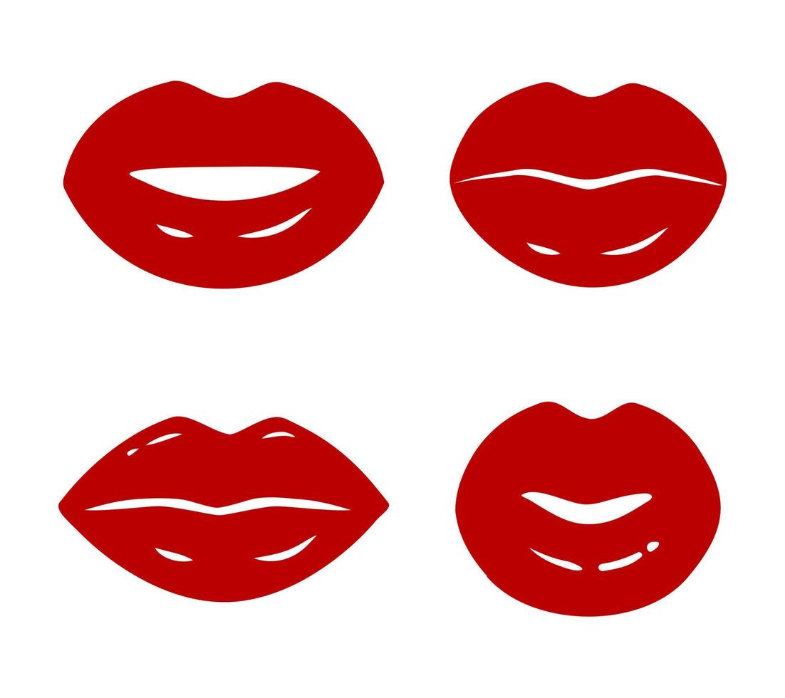 Conjunto de iconos de vector de labios rojos aislado sobre fondo blanco. boca de mujer, forma de silueta de beso rojo. ilustración de glamour de moda.