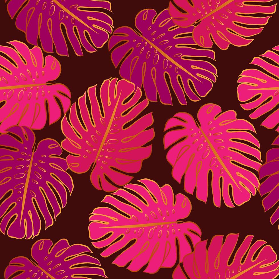 Monstera gold leaf seamless pattern. Vector botanical wallpaper template. Graphic elegant textile print. Luxury pink background.