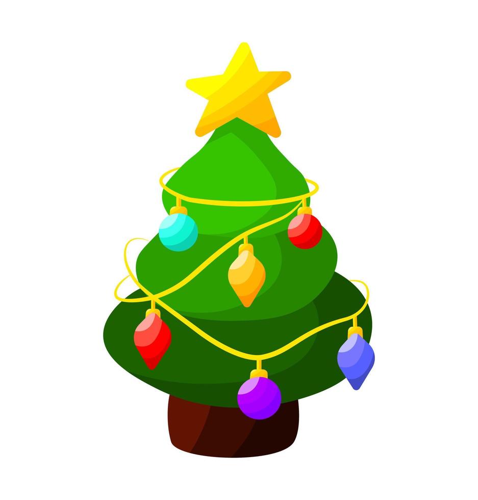 dibujos animados de pino de Navidad aislados en fondo blanco, ilustración vectorial con árbol decorado, plantilla de tarjeta de temporada de invierno con guirnaldas, bolas, juguetes y estrella brillante. vector