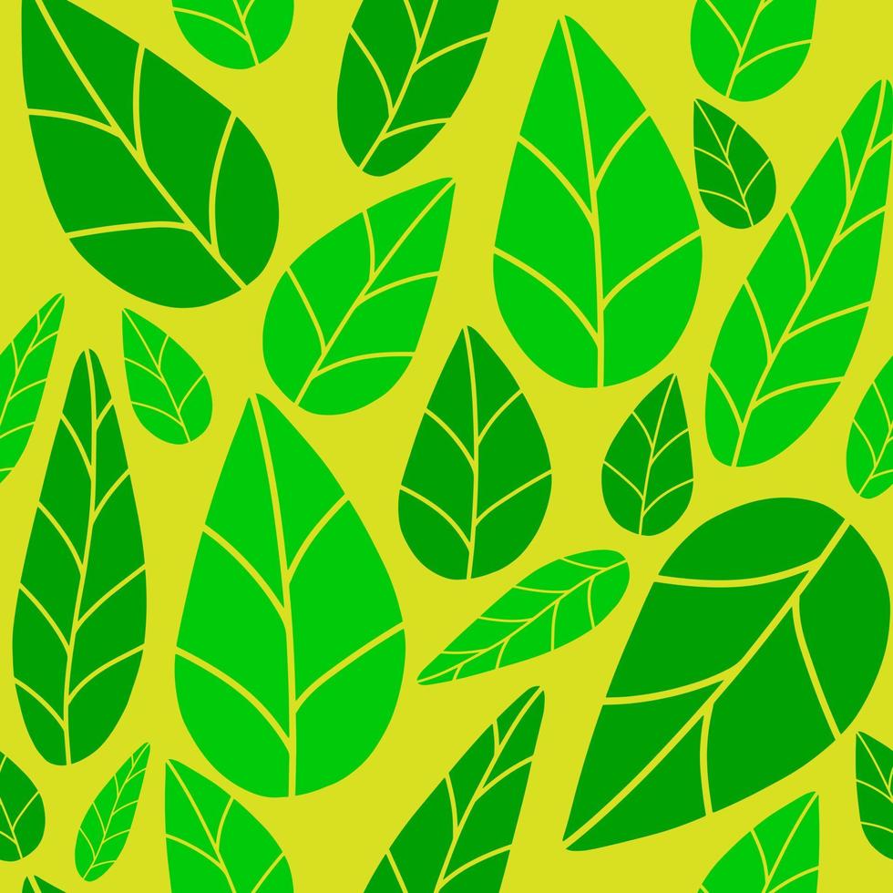 Seamless vector pattern with green abstract leaves shape. Simple doodle background with leaf silhouette. Fabric print template, wallpaper design.