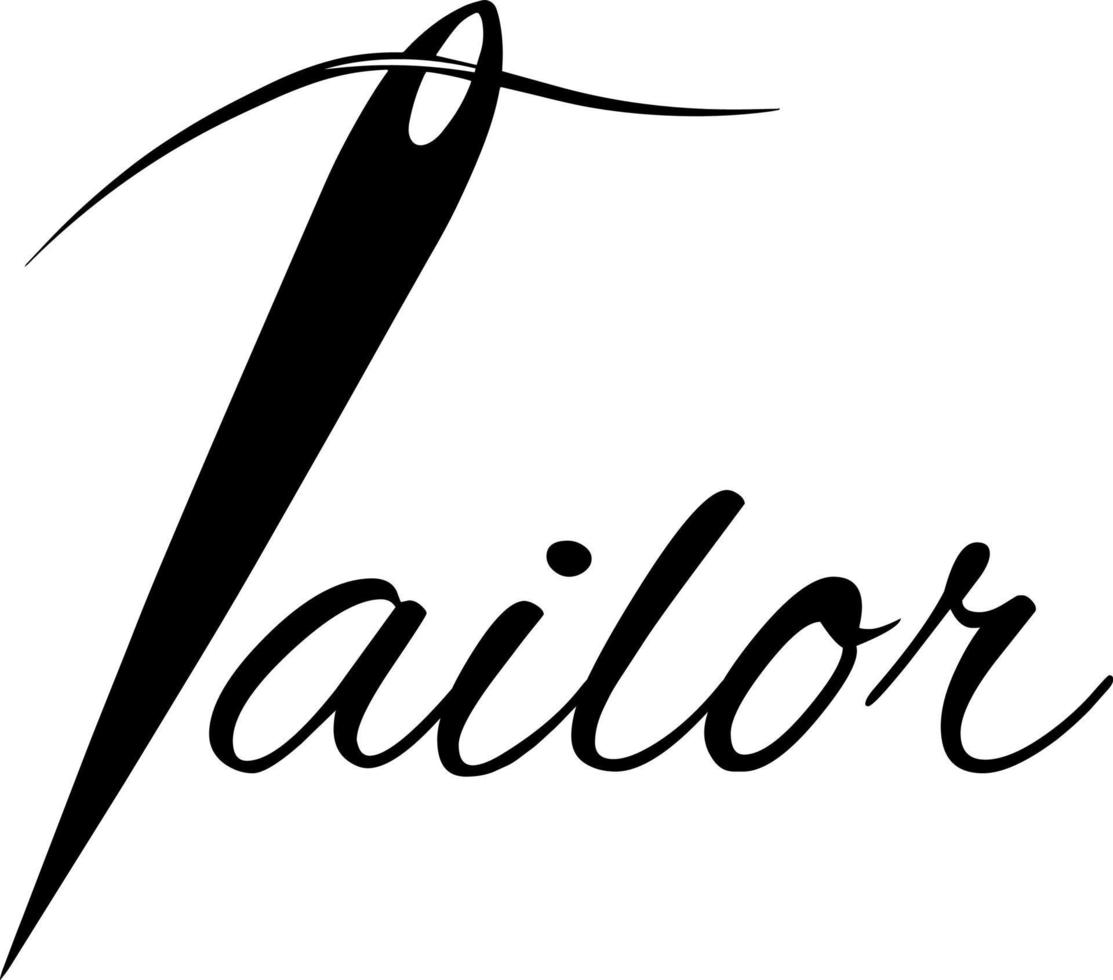 Tailor logo with sewing needle with thread. Handwriting text isolated on white background. Black outline print template. vector