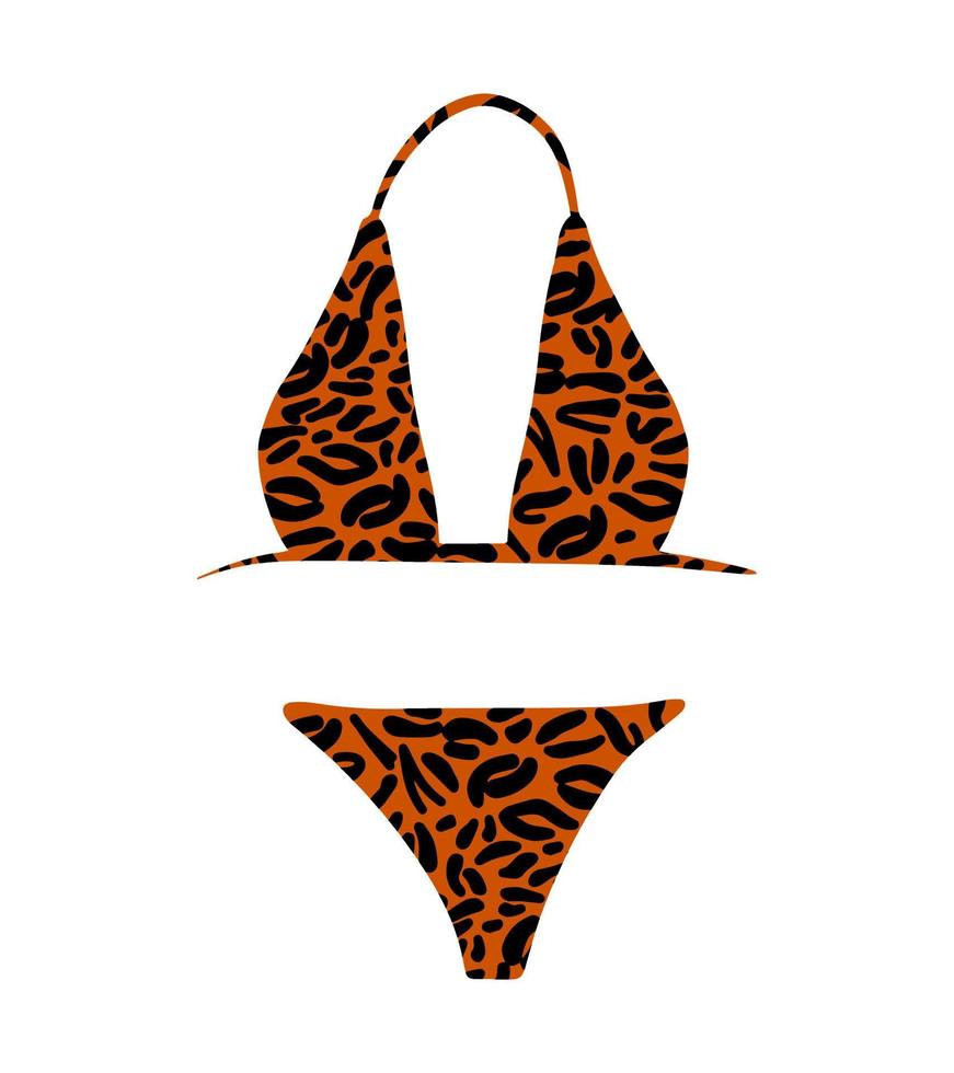 Fashion summer cloth. Leopard patterned bikini swimsuit isolated on white background. Vacation outfit, sundress vector cartoon icon.