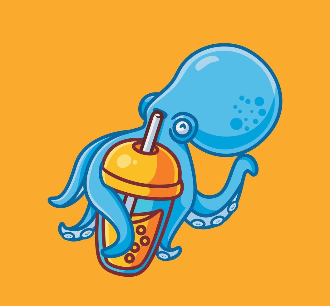 linda bebida de pulpo boba. ilustración animal de dibujos animados aislados. vector de logotipo premium de diseño de icono de etiqueta de estilo plano. personaje mascota