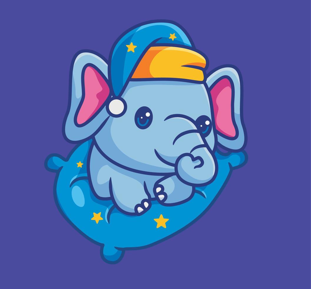 lindo elefante duerme en la almohada. ilustración animal de dibujos animados aislados. vector de logotipo premium de diseño de icono de etiqueta de estilo plano. personaje mascota