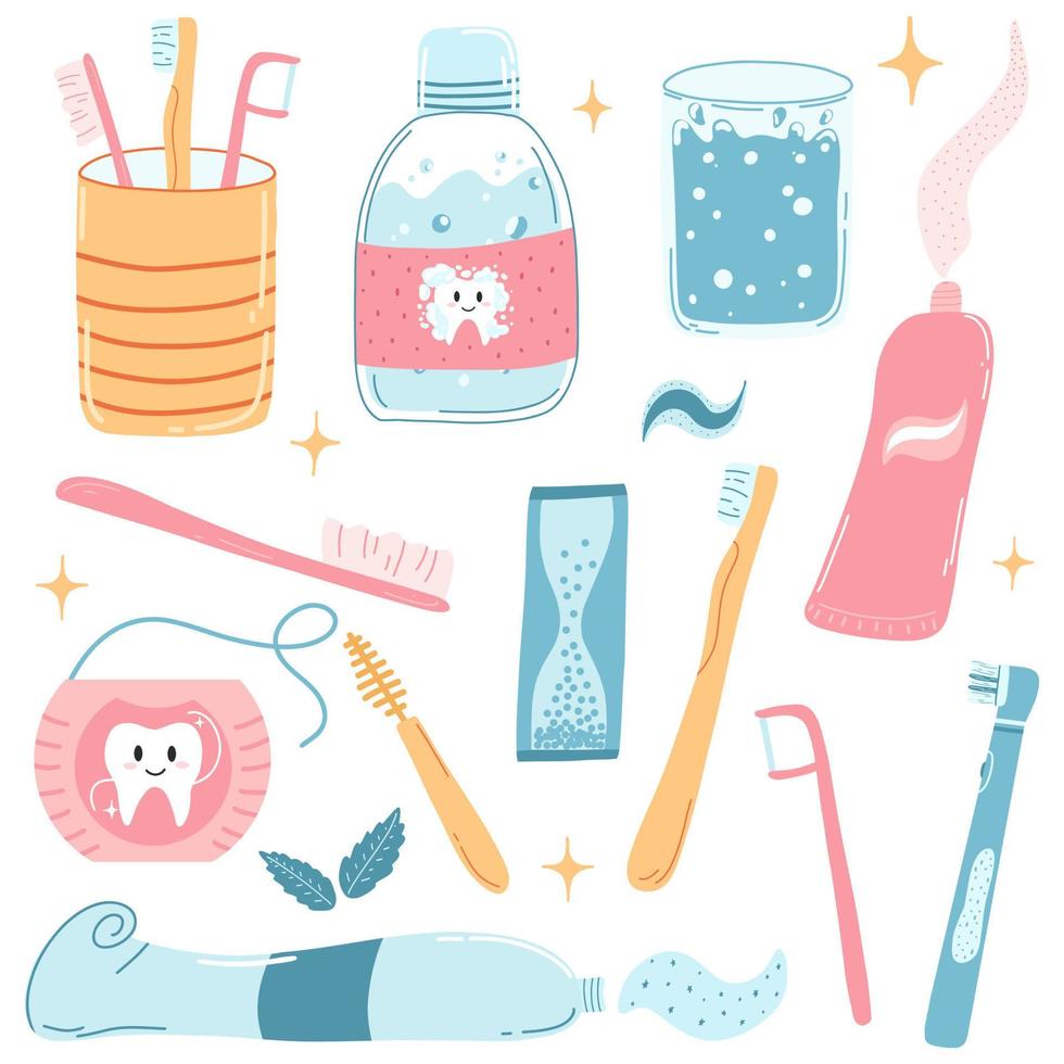 Hand drawn dental care items in cartoon flat style. Vector illustration of mouth wash, toothbrush, toothpaste tube, floss, interdental brush. Children oral hygiene, care, dentistry concept