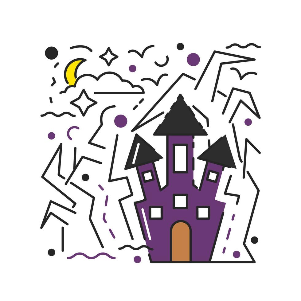 Mysterious castle with trees isolated on white background. Halloween traditional holiday symbols textured concept design. Haunted house at night. Hand drawn flat creepy silhouette vector illustration