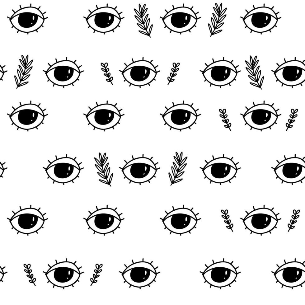 Hand drawn black and white pattern, doodle eyes and branches seamless wallpaper. Cute vector for baby, paper, fabric textile, home.