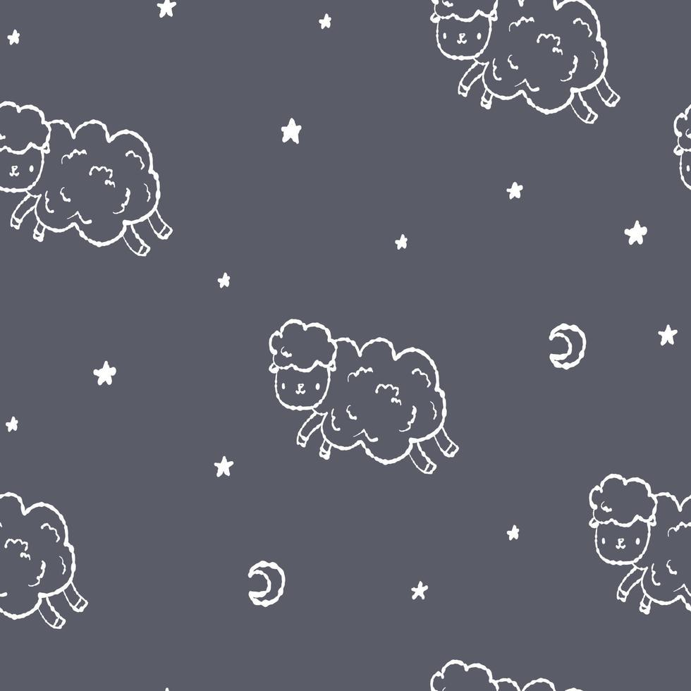 Hand drawn blue and white pattern, doodle sheep and stars seamless wallpaper. Cute vector animal for baby, paper, fabric textile, home.