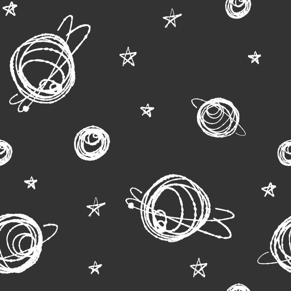 Hand drawn black and white pattern, doodle planets and stars seamless wallpaper. Cute vector cosmos for baby, paper, fabric textile, home.