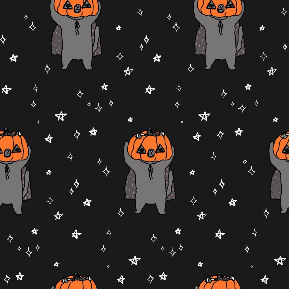 Cute black pattern, doodle white line stars and a cat with a pumpkin. Halloween, magic seamless background. For fabric textile, home, baby pet. vector