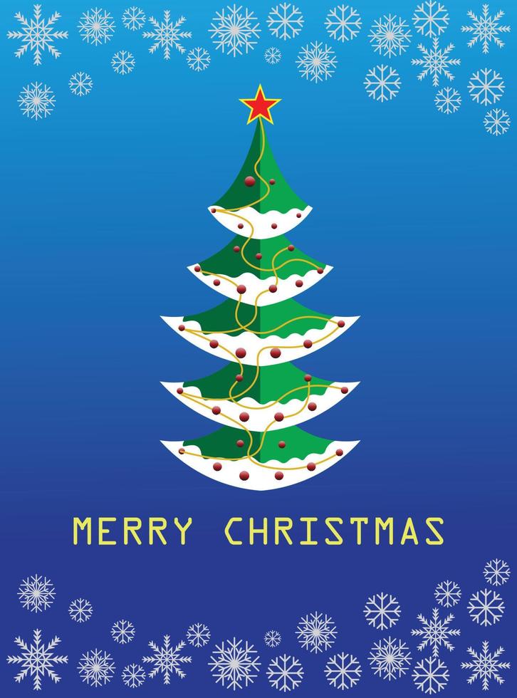 Blue Christmas background with hanging snowflake star decoration and christmas tree vector