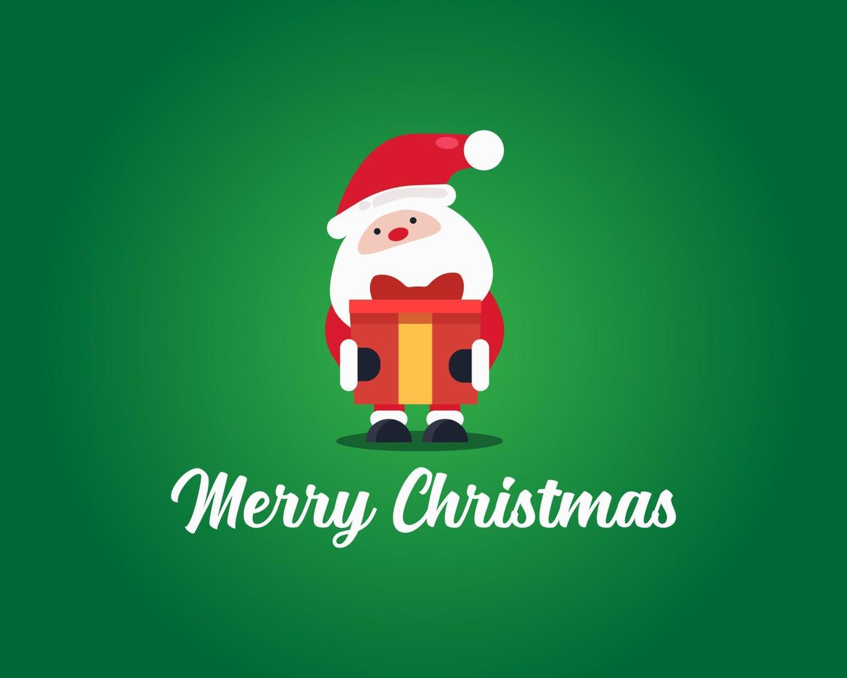 Merry Christmas Concept. Santa in red dress hold gift box on green background. Cartoon vector style for your design.