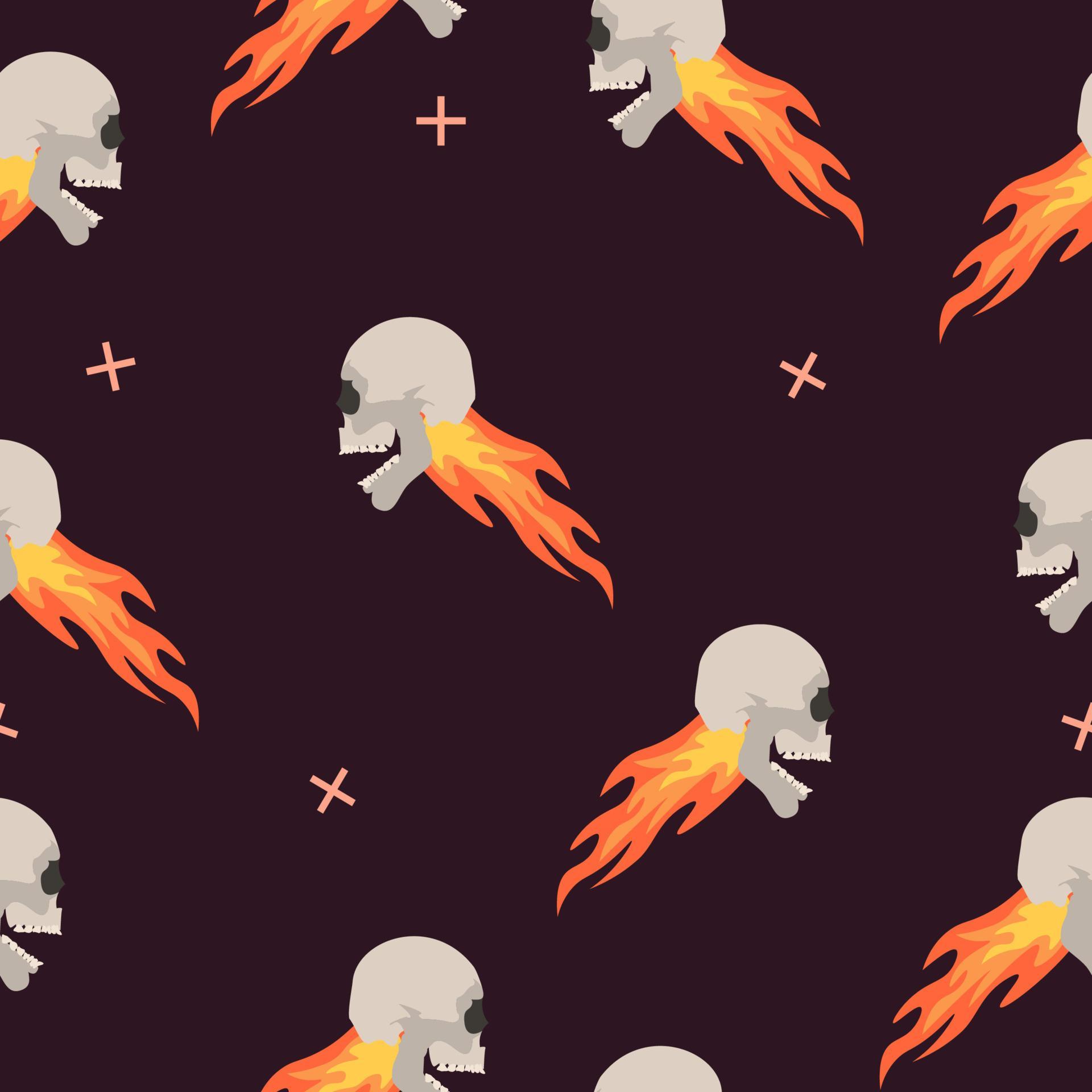 Skull in flame. Fire skeleton. Seamless pattern illustration. Wallpaper