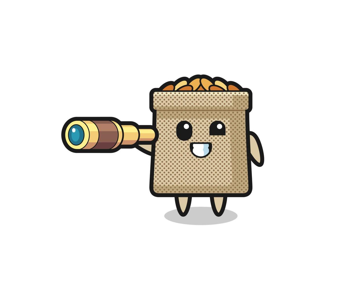 cute wheat sack character is holding an old telescope vector