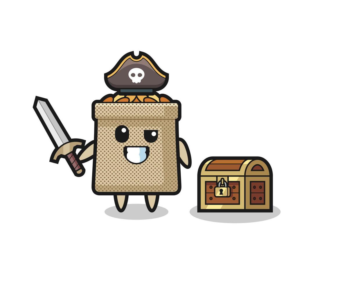 el personaje pirata del saco de trigo sosteniendo una espada al lado de una caja del tesoro vector