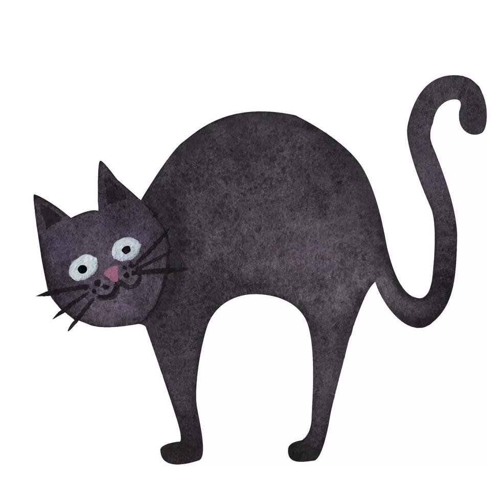 The black cat arched its back. watercolor illustration vector