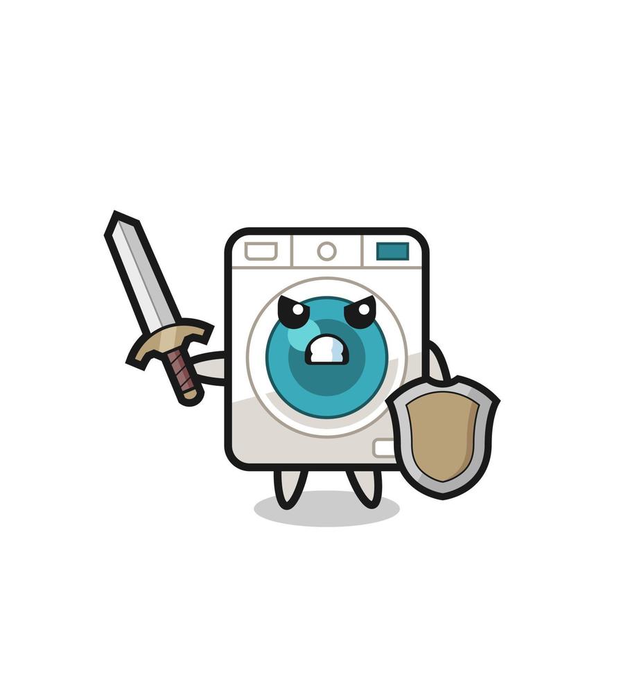 cute washing machine soldier fighting with sword and shield vector