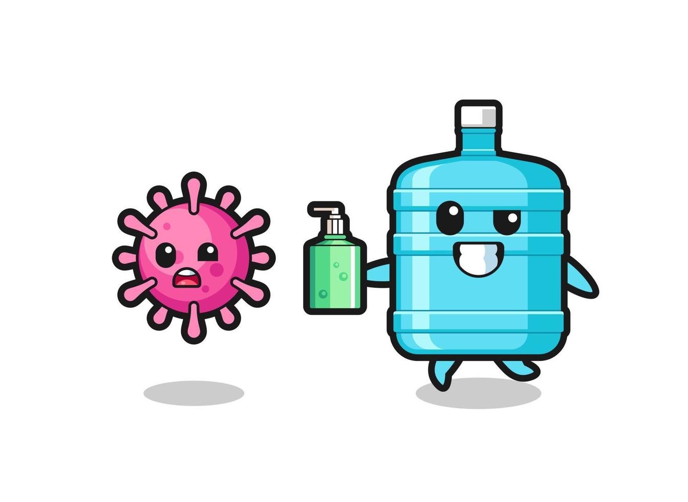 illustration of gallon water bottle character chasing evil virus with hand sanitizer vector