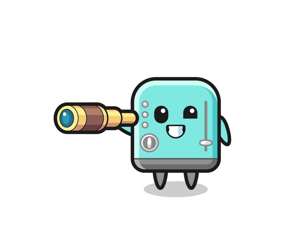 cute toaster character is holding an old telescope vector