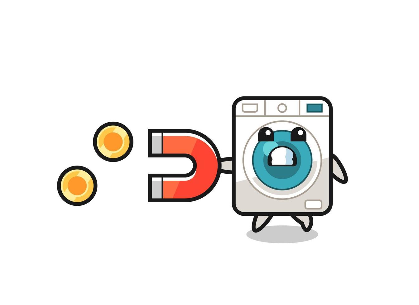 the character of washing machine hold a magnet to catch the gold coins vector