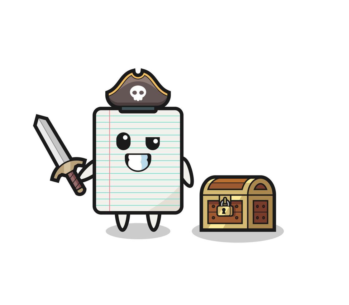 the paper pirate character holding sword beside a treasure box vector