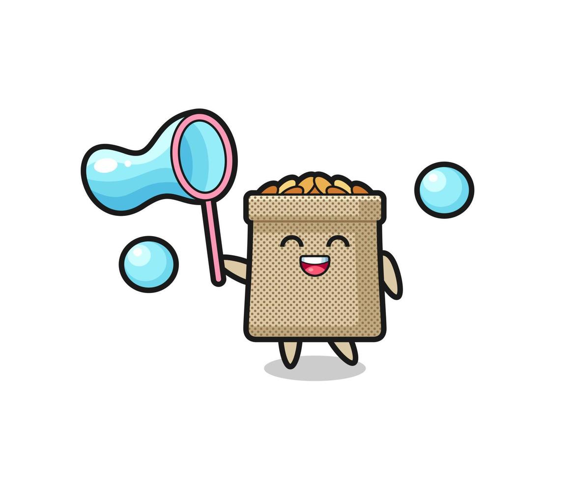 dibujos animados de saco de trigo feliz jugando burbuja de jabón vector