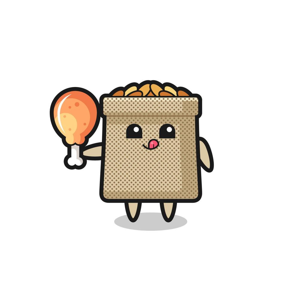 wheat sack cute mascot is eating a fried chicken vector