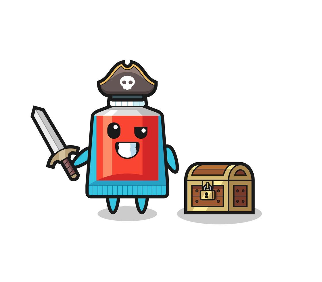 el personaje pirata de pasta de dientes sosteniendo una espada al lado de una caja del tesoro vector