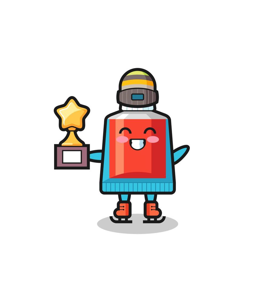toothpaste cartoon as an ice skating player hold winner trophy vector
