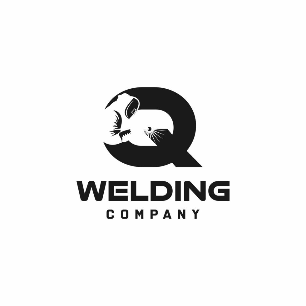 Letter Q welding logo, welder silhouette working with weld helmet in simple and modern design style art vector