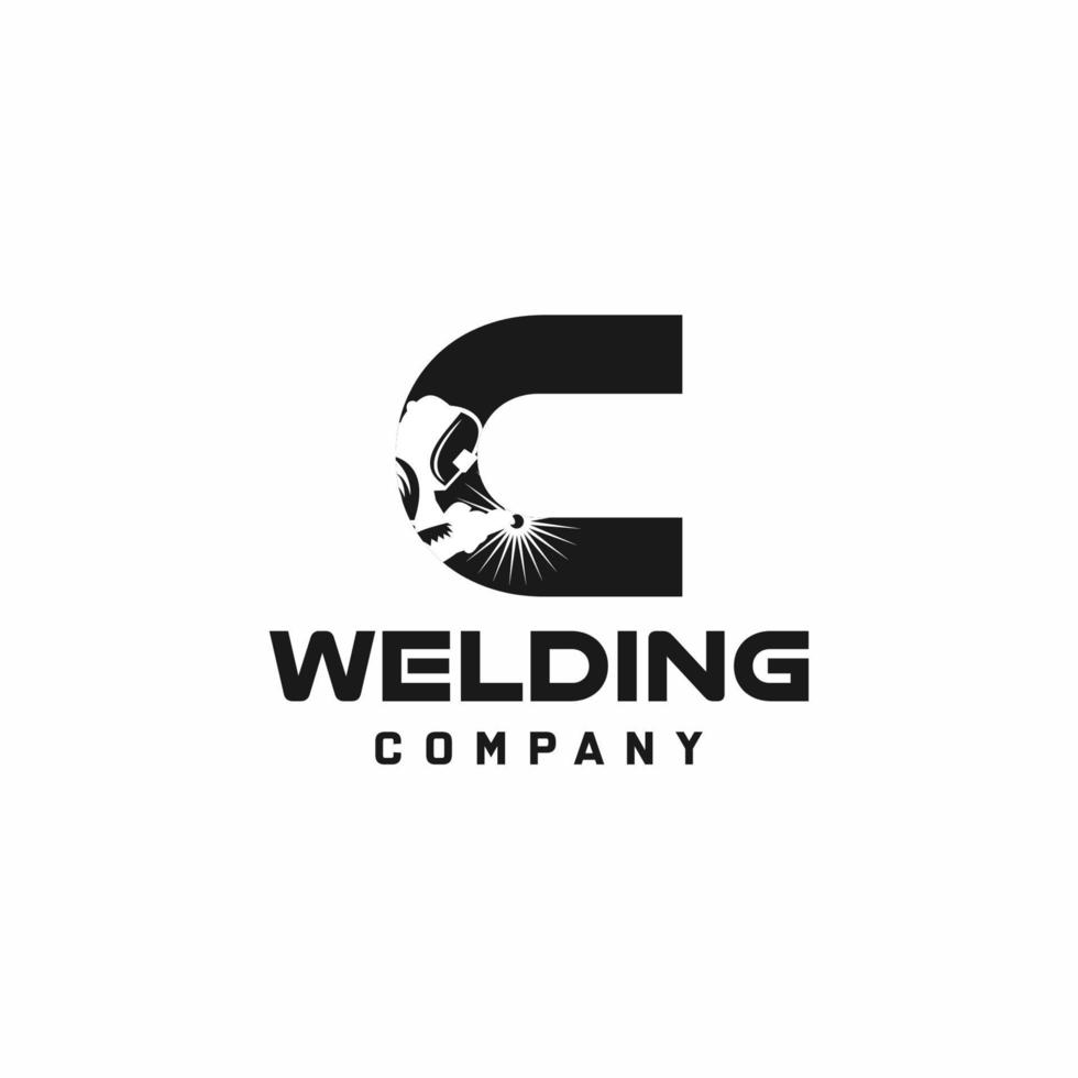 Letter C welding logo, welder silhouette working with weld helmet in simple and modern design style art vector