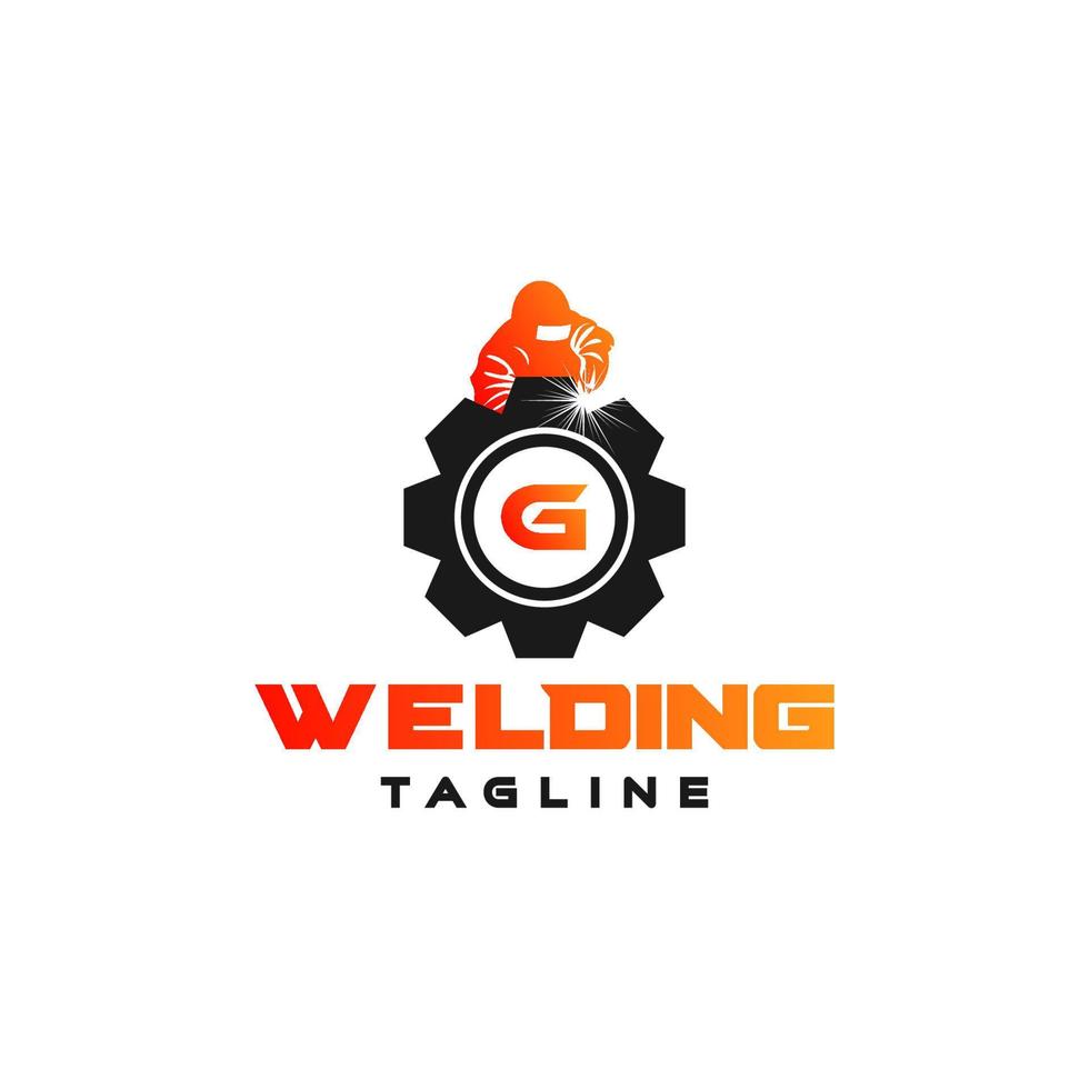 Letter G welding logo, welder silhouette working with weld helmet in simple and modern design style art vector