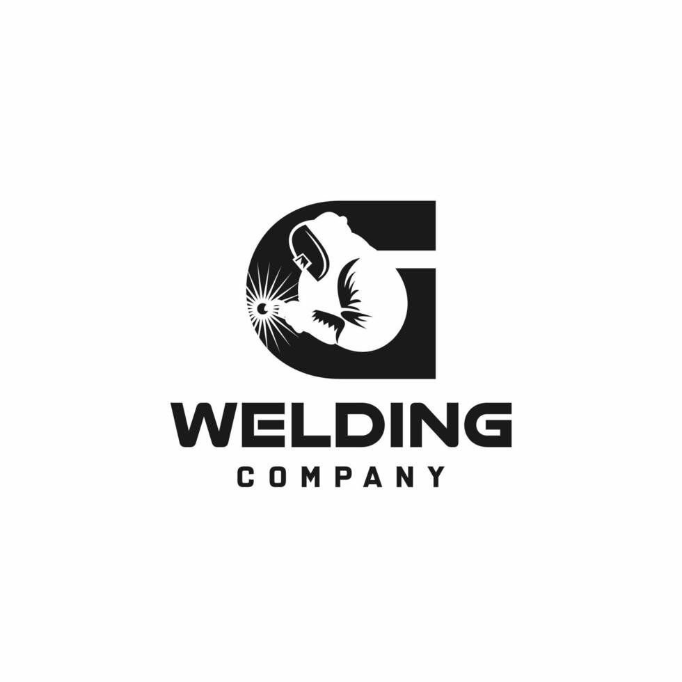 Letter G welding logo, welder silhouette working with weld helmet in simple and modern design style art vector