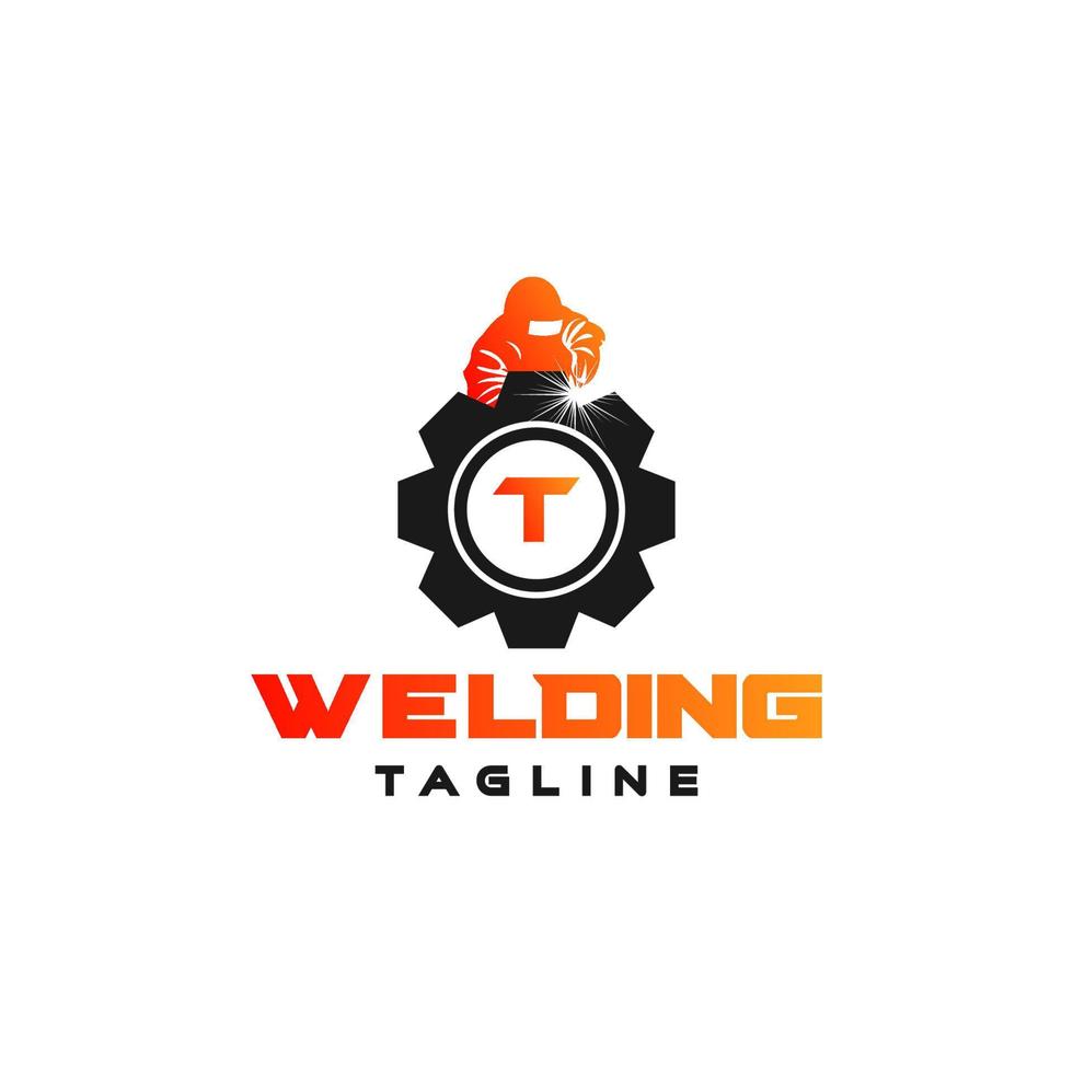 Letter T welding logo, welder silhouette working with weld helmet in simple and modern design style art vector