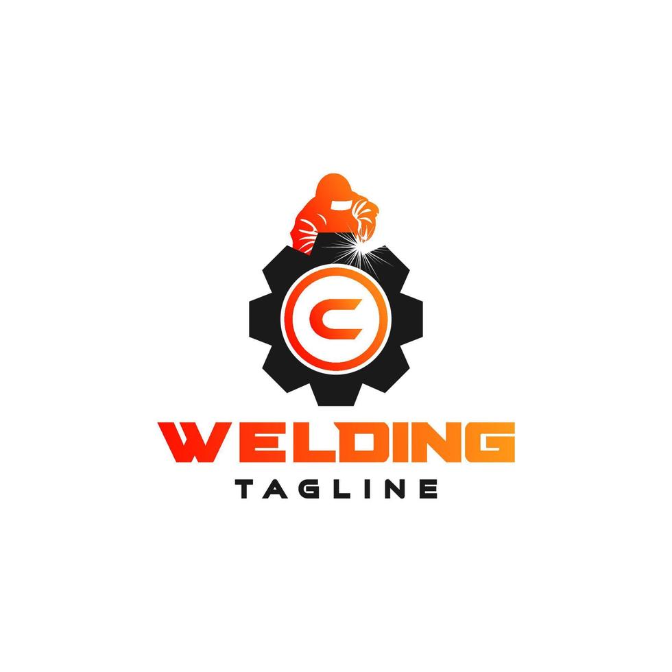 Letter C welding logo, welder silhouette working with weld helmet in simple and modern design style art vector