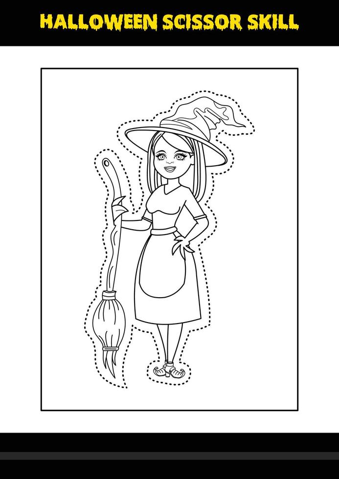Halloween scissor skill for kids. Halloween scissor skill coloring page for kids. vector