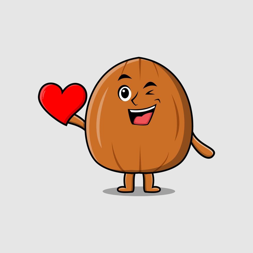 Cute cartoon Almond nut holding big red heart vector