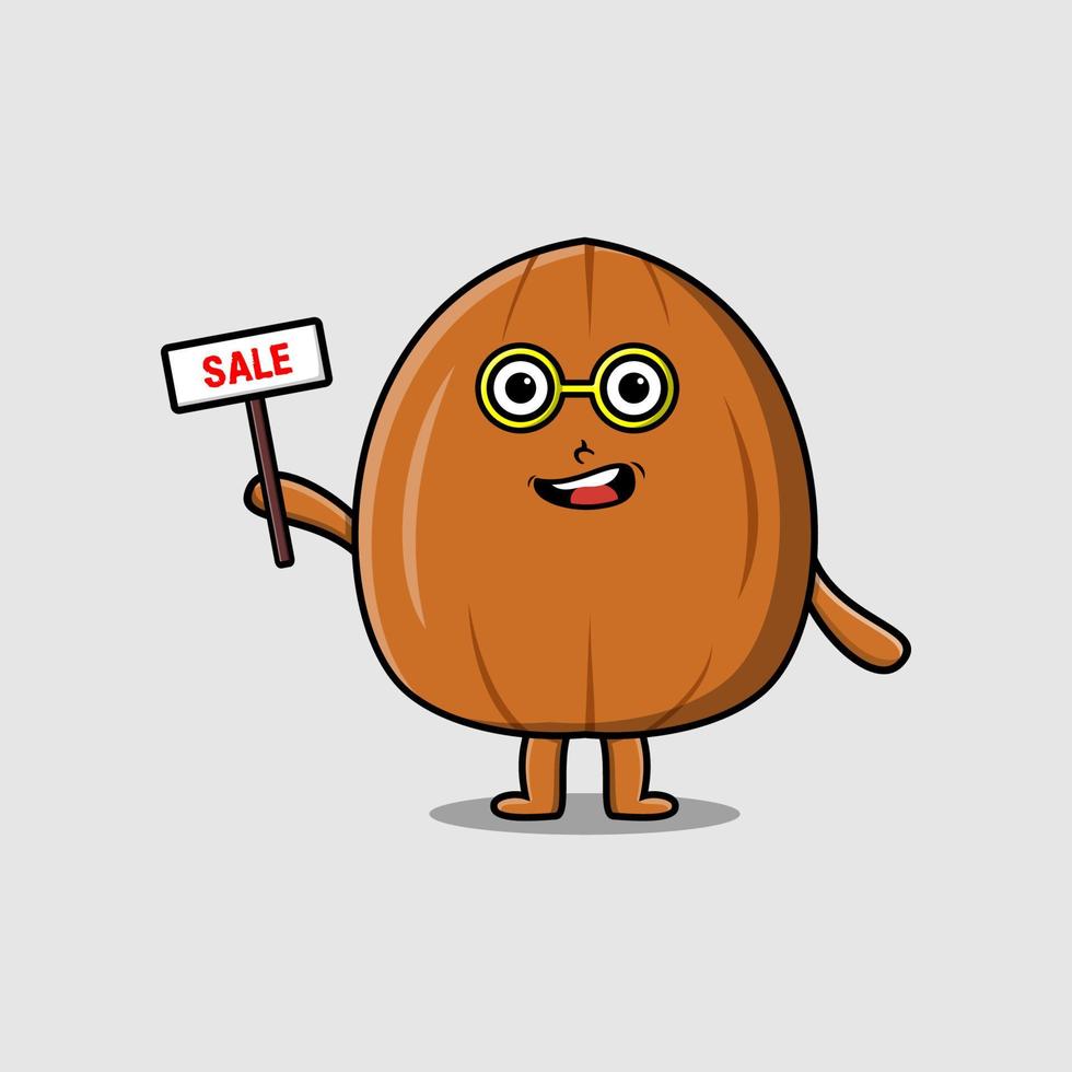 Cute cartoon almond nut holding sale sign vector