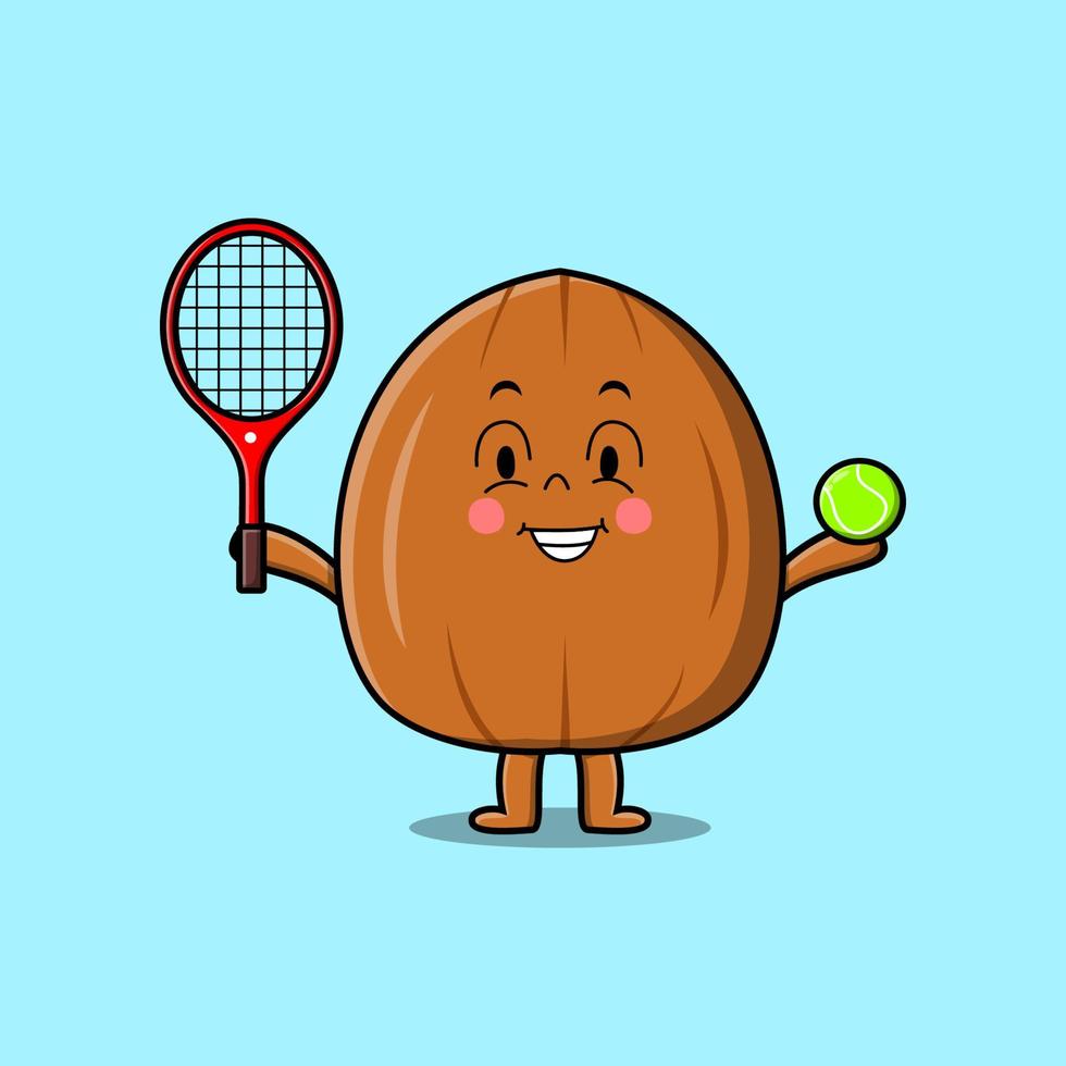 cartoon Almond nut character playing tennis field vector