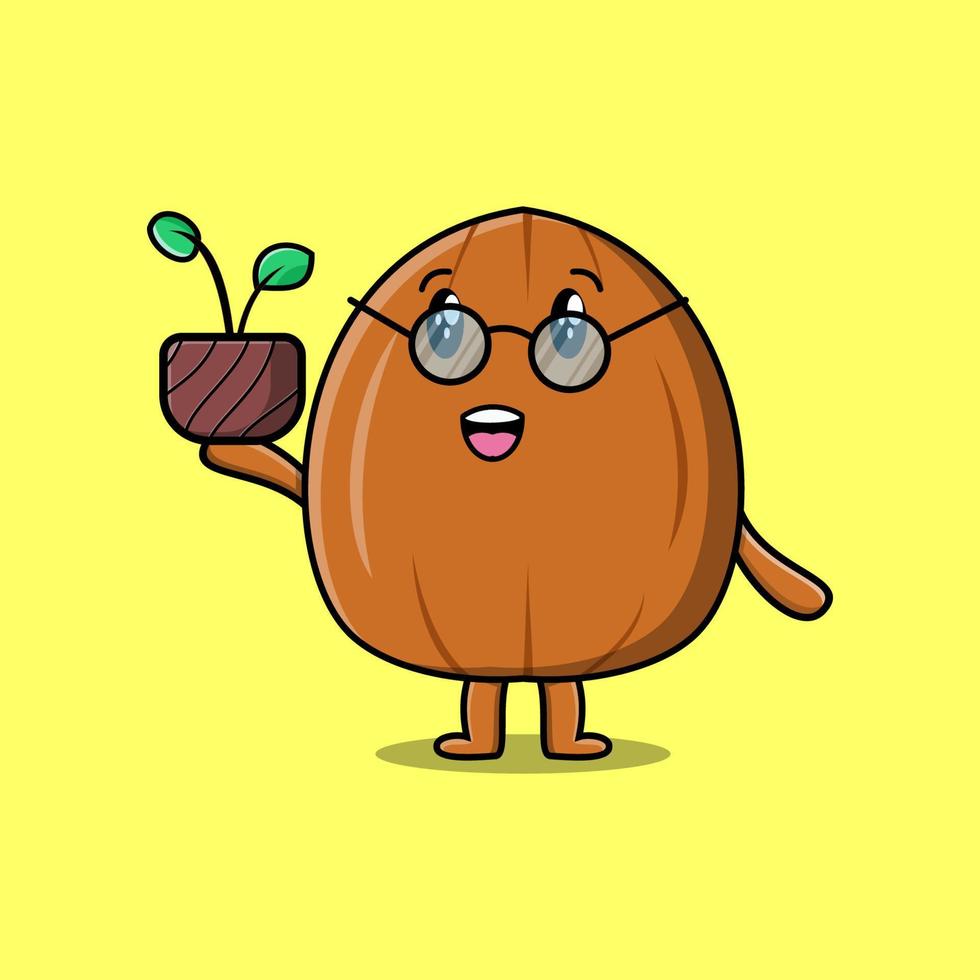 Cute cartoon almond nut holding plant in a pot vector