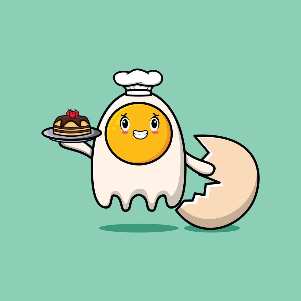 Cute Cartoon chef fried eggs serving cake on tray vector