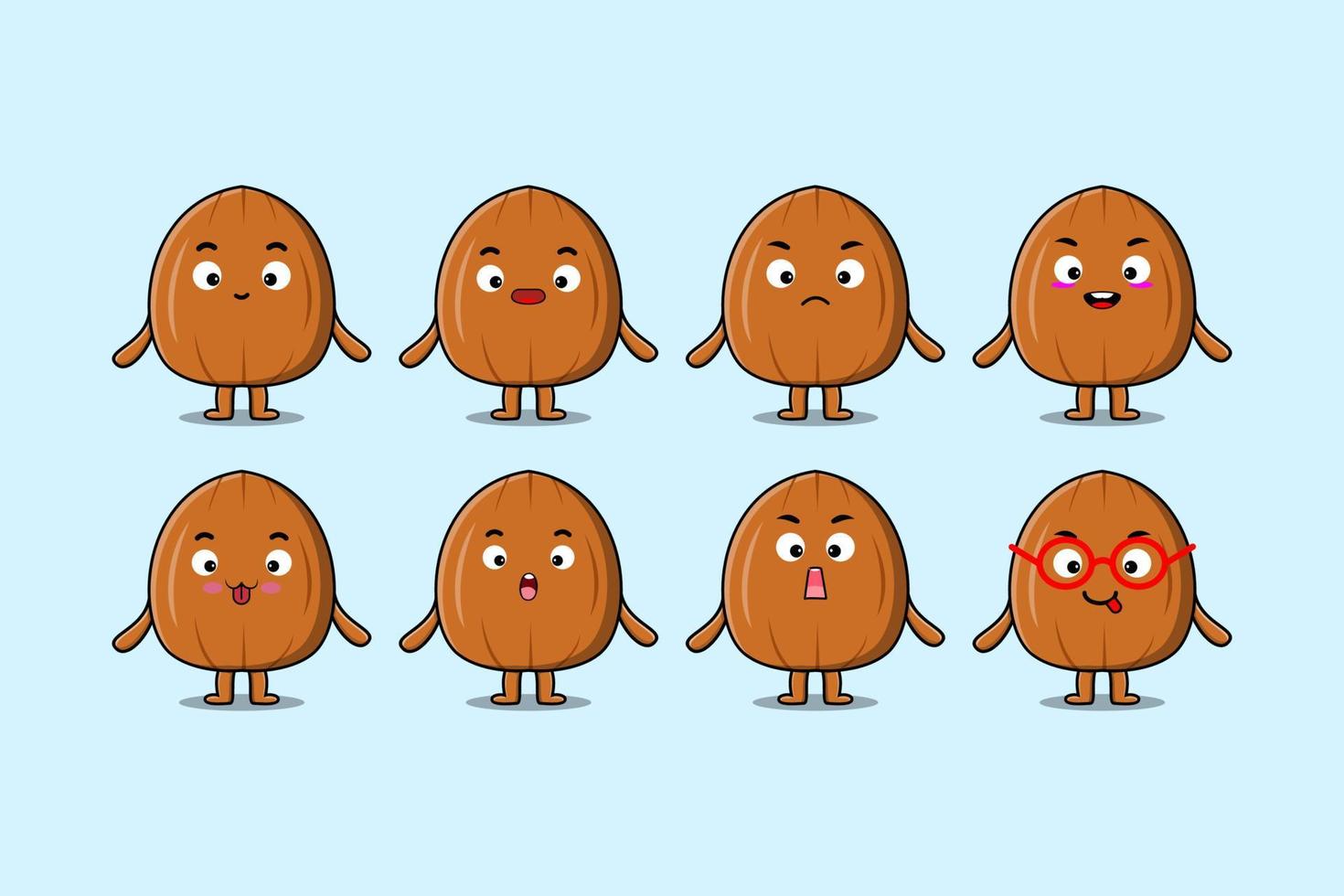 Establecer la expresión del personaje de dibujos animados de nuez de almendras kawaii vector