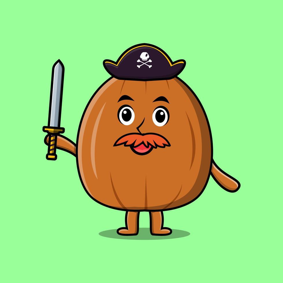 Cute cartoon almond nut pirate holding sword vector