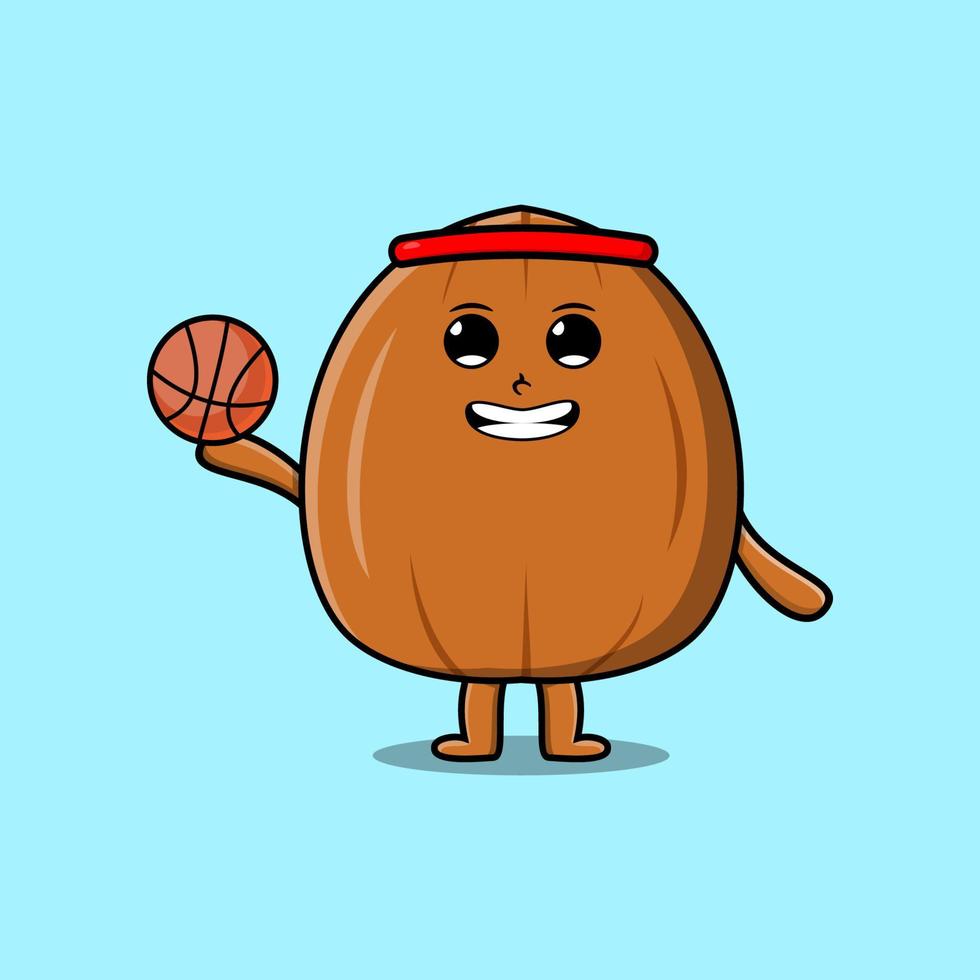 Linda nuez de almendra de dibujos animados jugando al baloncesto vector