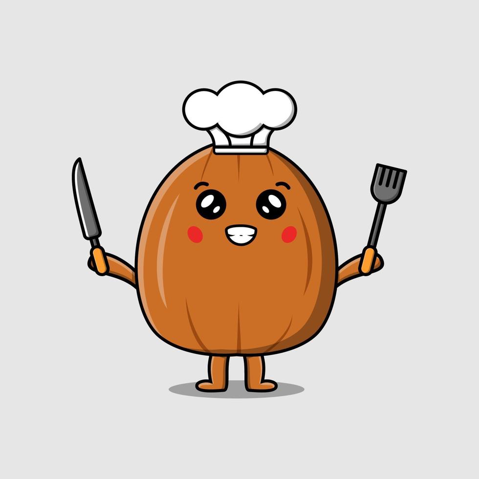 Cute cartoon Almond nut chef hold knife and fork vector