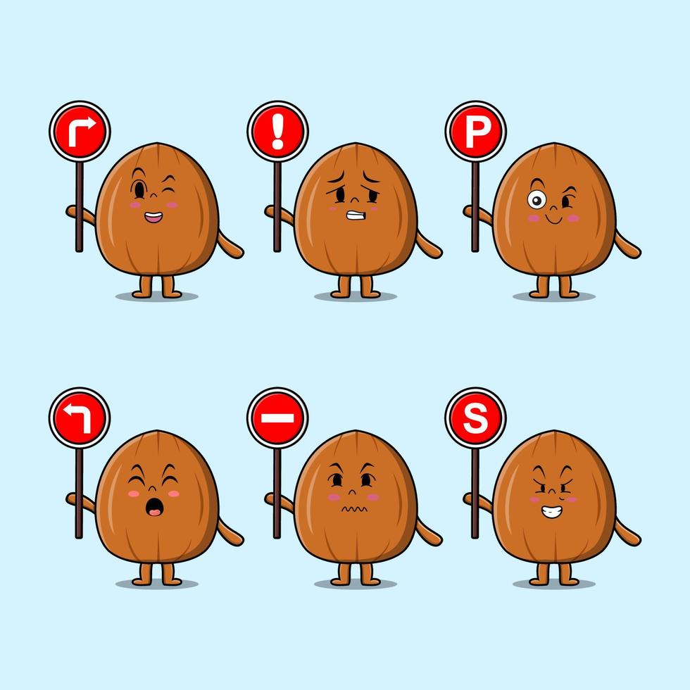 Cute dibujos animados de nuez de almendra con señal de tráfico vector